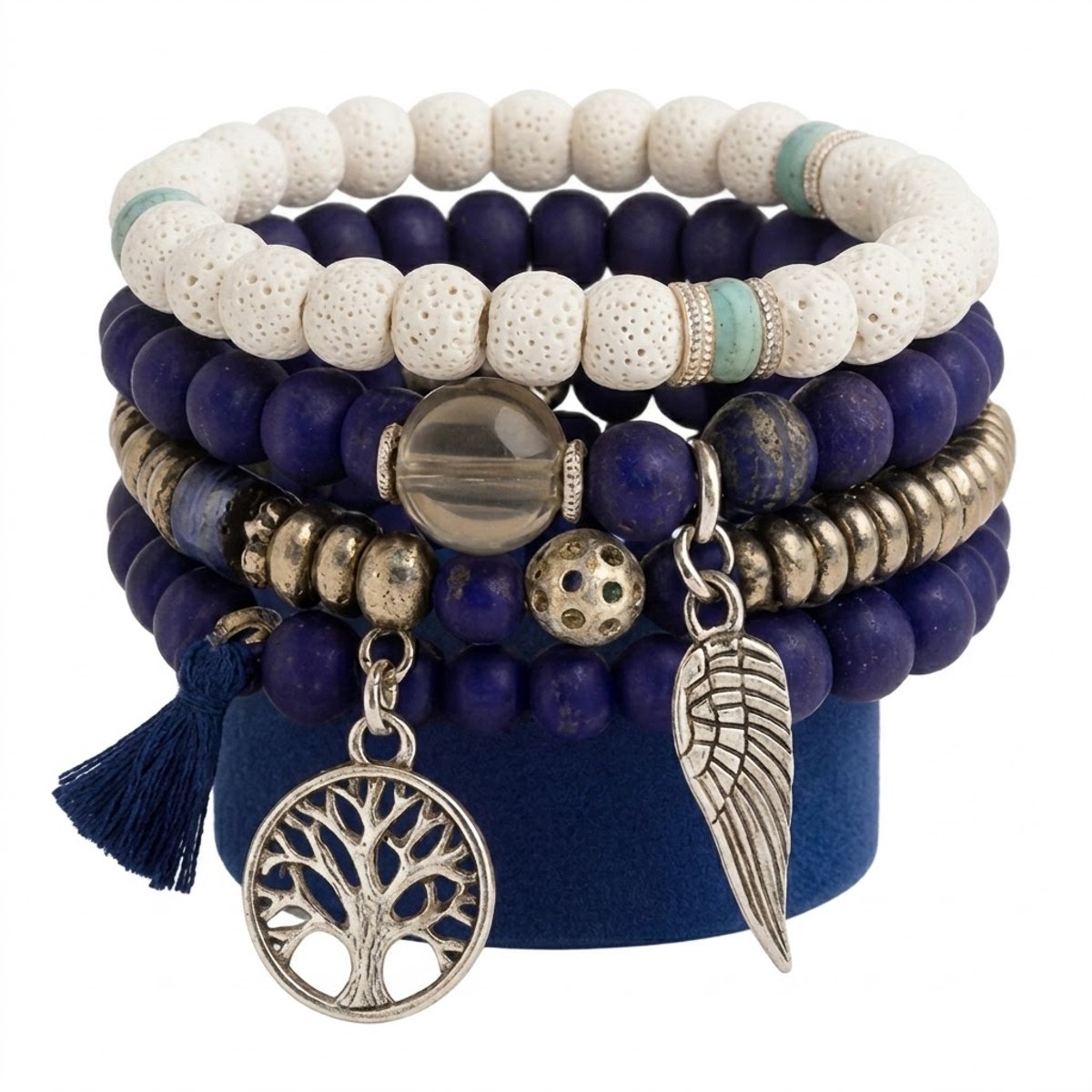 4-delige Armbanden set voor dames – Elastische Kralenarmbanden met Charms & Natuurlijke Accenten
