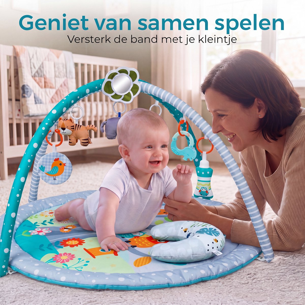 Babygym met boog - Speelmat - Baby speelgoed - Babyshower - Boxkleed - Speelkleed - Speelmat baby - 5 Speeltjes - Inclusief Rammelaar - Met speelboog - Blauw — afbeelding 5