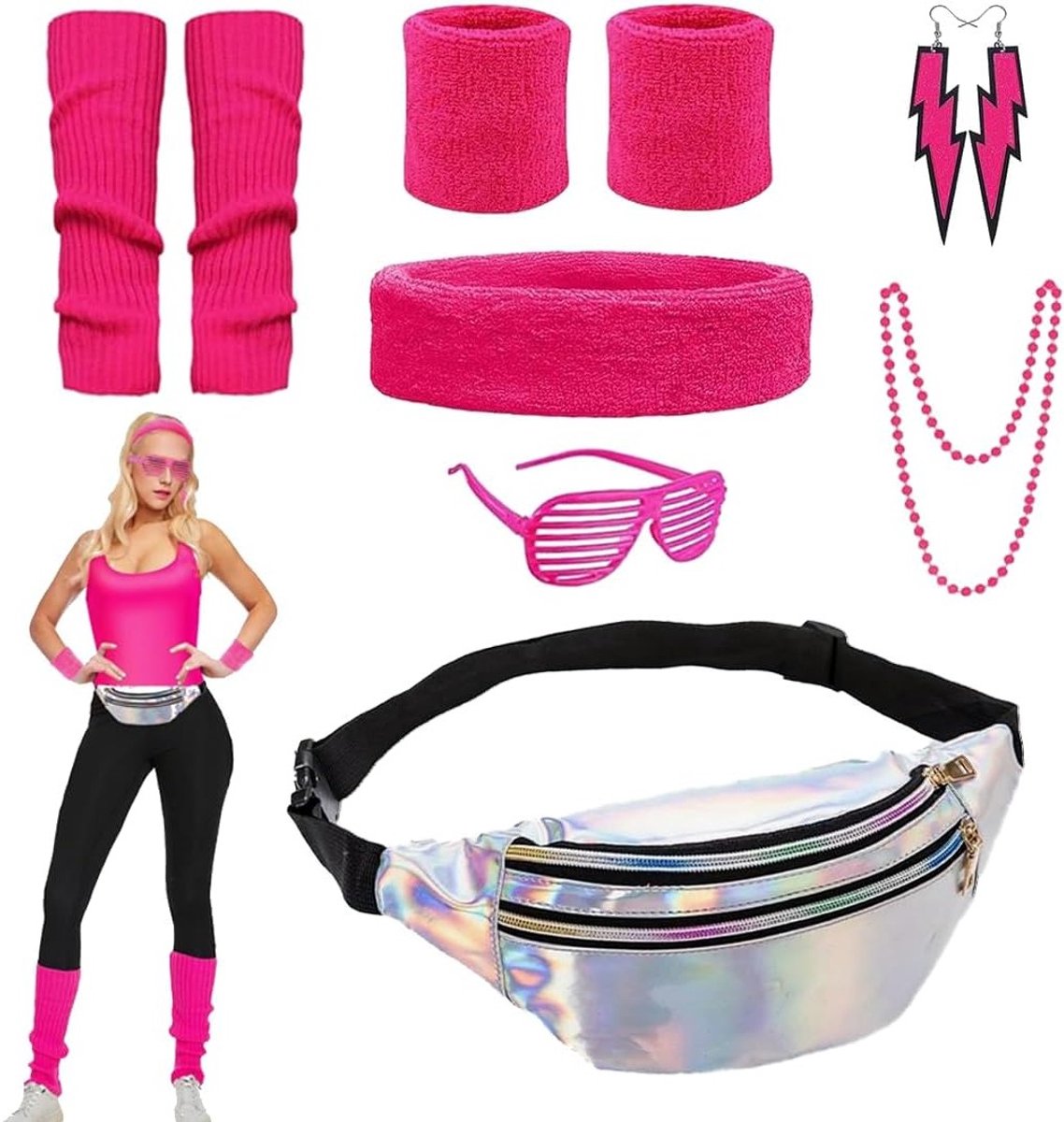 Retro 80s Kostuum Accessoires voor Vrouwen met Neon Hoofdband, Legwarmers, Heuptas en Sieraden voor Feestjes en Themed Party