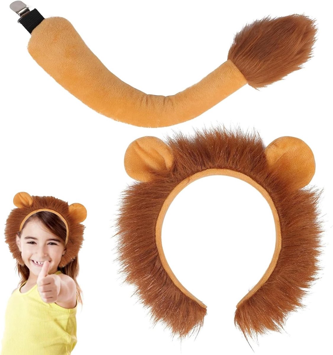 Kostuum voor Kinderen met Leeuwenoortjes en Staart, Perfect voor Halloween, Carnaval en Cosplay, Inclusief Haarspeld en Hoofddeksel voor Themafeesten