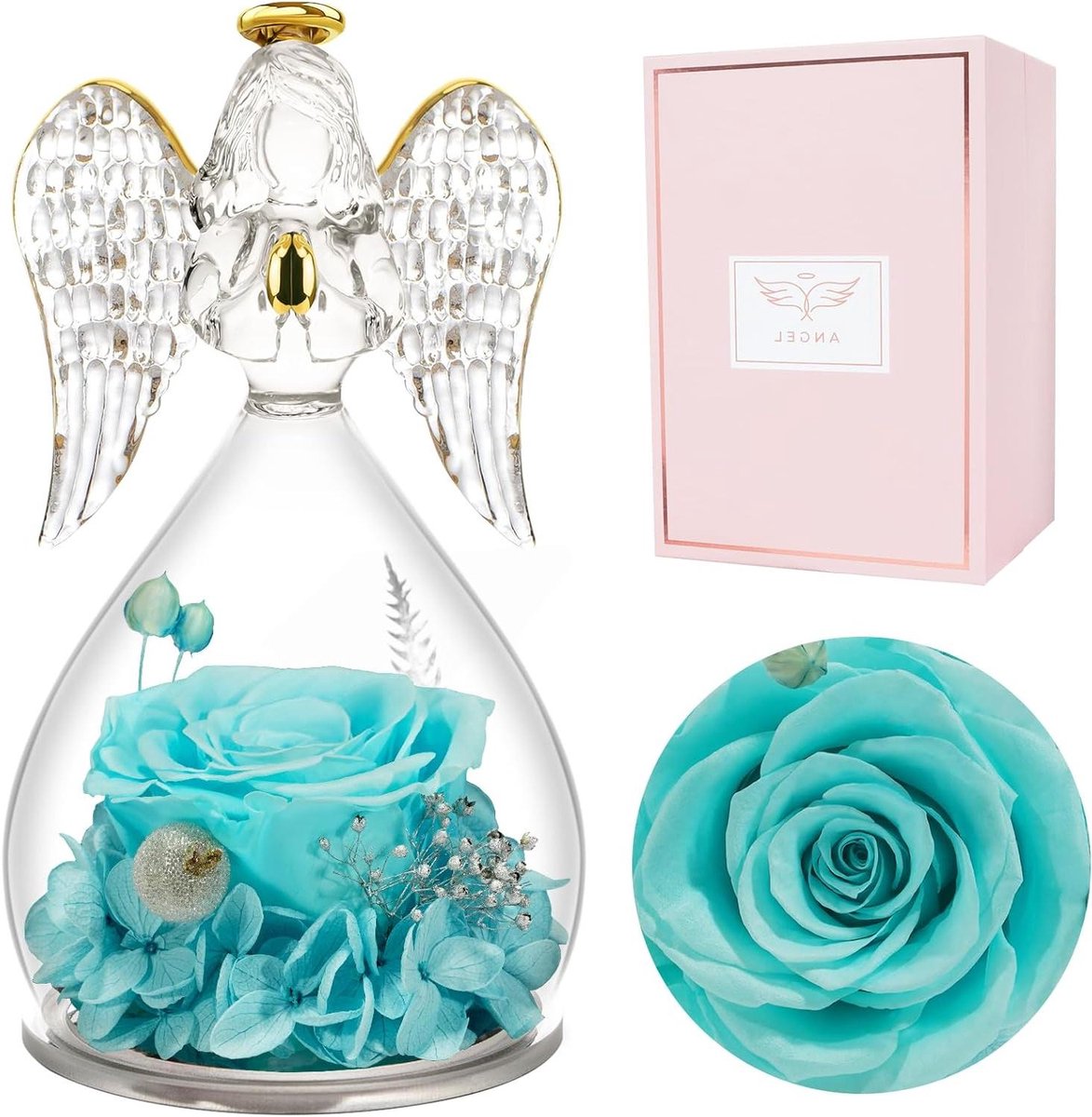 Eeuwige Roos Engel - Bewarende bloem decoratie - Cadeau geven - Echte roos in glas - 1 stuk - Lichtblauw
