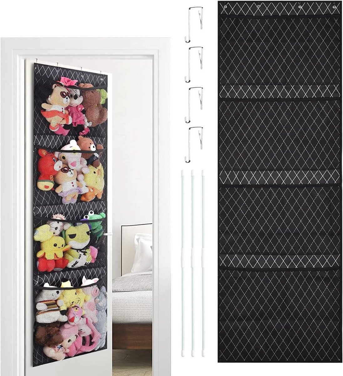 Opbergnet voor knuffels - Speelgoedorganizer hangend - Kamer opruimen - Grote capaciteit gaasvakken - 166 x 59 cm - Zwart