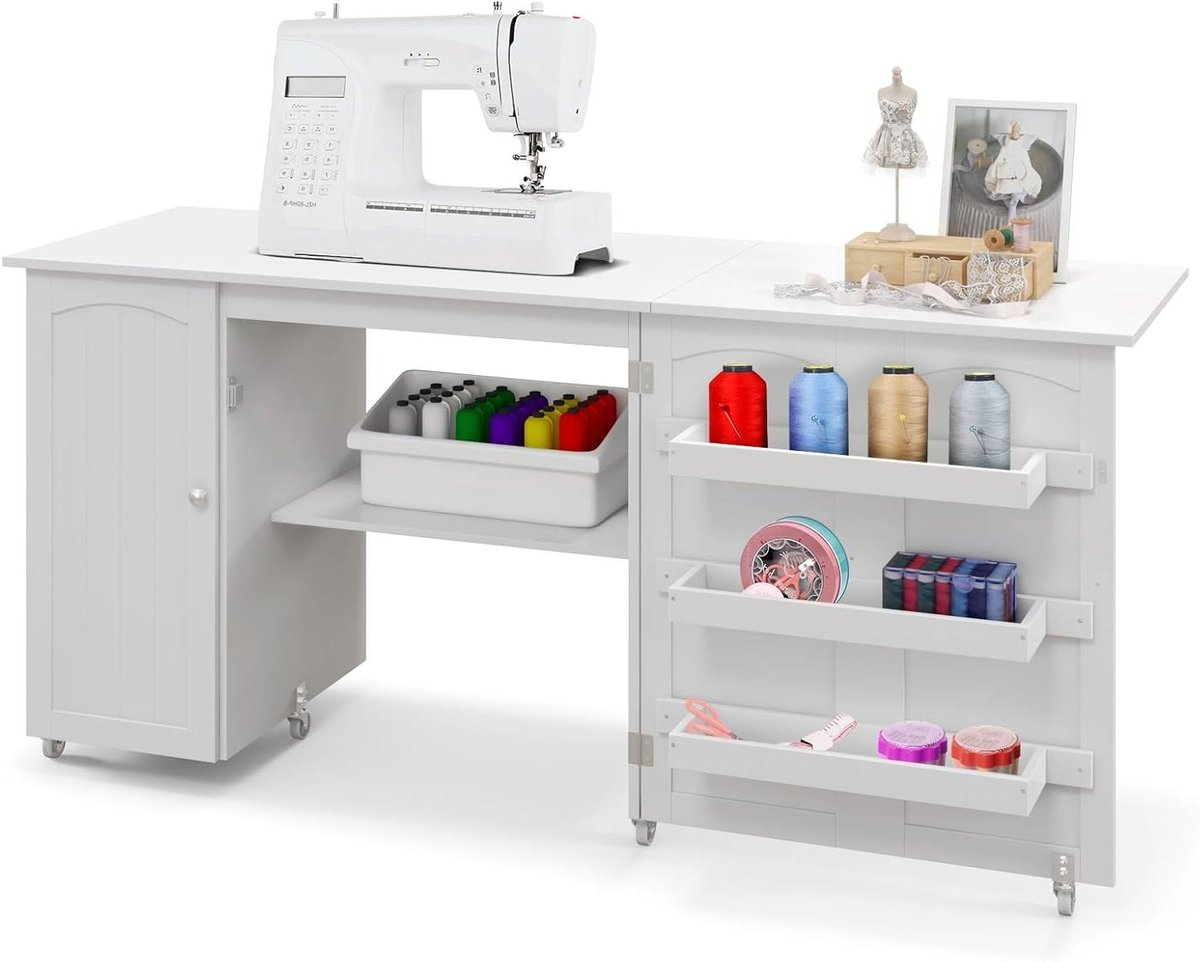 Opvouwbare Naaikast - Naaitafel Inklapbaar - Naaiprojecten Organiseren - Met Wielen en Rem - 118.5 x 40 x 79.5 cm