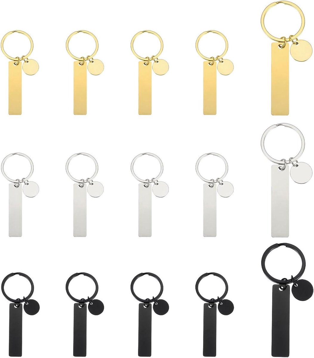 Graveerbare Sleutelhangers - Metalen Labels - DIY Knutselen - Roestvrij Staal - 15 stuks - Goud/Zilver/Zwart