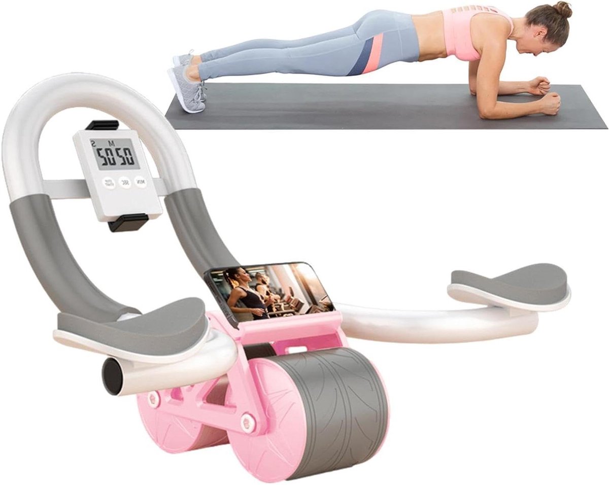 Buikwiel met Steun - Core Trainer - Krachtige Buikspieroefening - Automatische Terugslag - 10 cm Wielbreedte - Roze