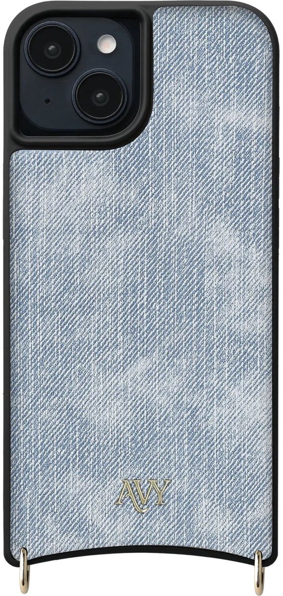 AVY Leren Hoesje geschikt voor Apple iPhone 15 | Compatibel met MagSafe | Kunstleren Case | Back Cover | Haakjes voor koord | Denim