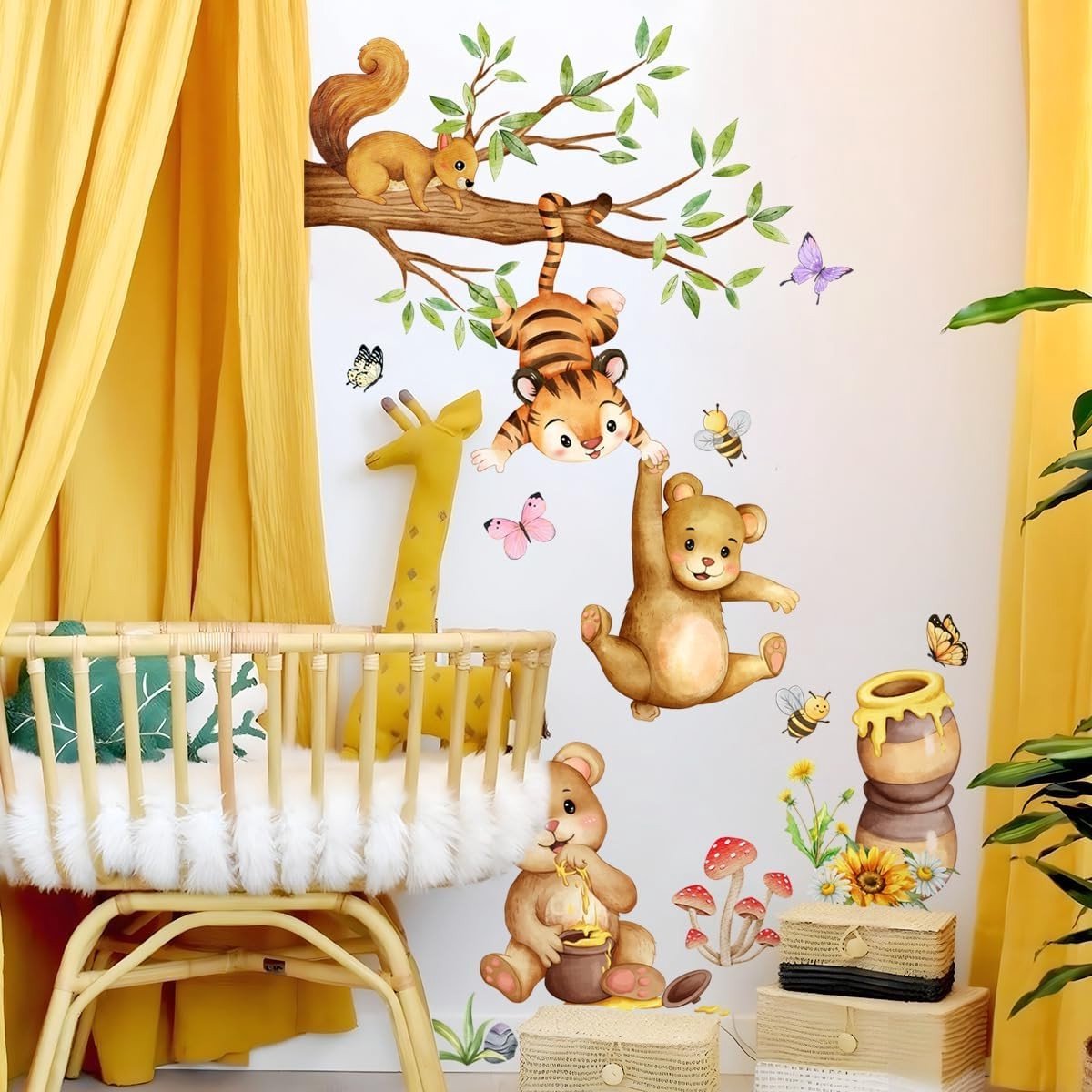 Schattige Wandstickers met Baby Dieren - Kleine Beer met Honingpot, Tijger en Eekhoorn voor Kinderkamer Decoratie, Creatieve DIY Wanddecoratie voor de Nursery