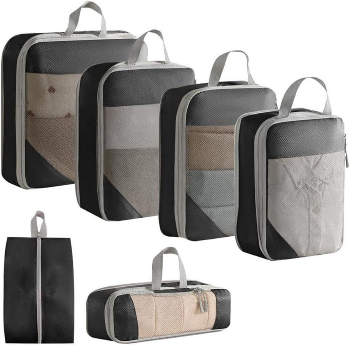 Reisverpakkingsblokjes - Bagage organizers - Kleding opbergen - Compressie functie - 6 sets - Zwart