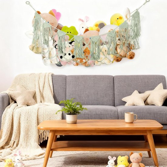 Knuffel Opbergnet - Speelgoed Opberger - Kinderkamer Organiseren - Handgeweven Katoen - 150 x 40 cm - Olijfgroen — afbeelding 3