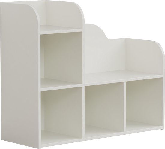 Witte opbergkast met verschillende vakken en een zitgedeelte.