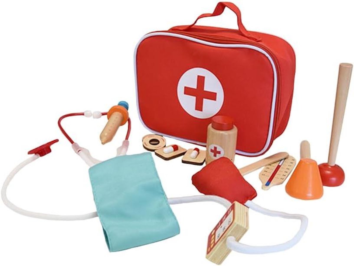 Houten Doktersset - Speelgoed dokter - Doktertje spelen - Met Koffer - 22 x 16 cm - Rood
