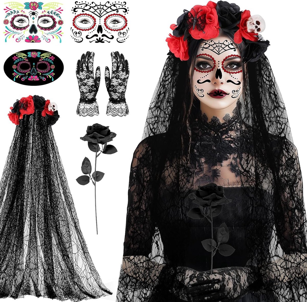 Halloween Kostuum Dia de los Muertos voor Dames met Hoofdband, Tatoeages en Accessoires voor het Dodenfeest