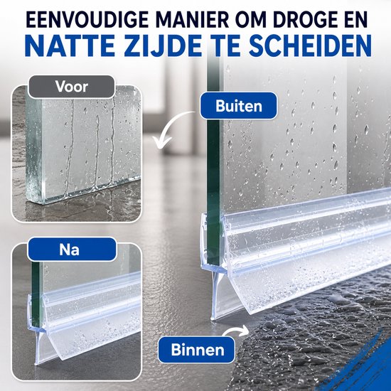 Gescheiden droge en natte zijde van een douche met Houbie afdichting. Voor: nat glas buiten. Na: droog glas binnen.