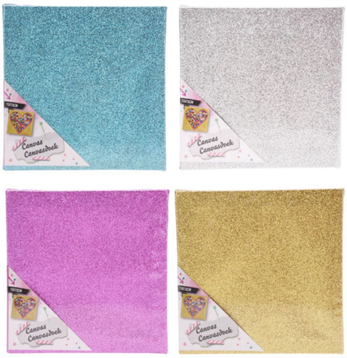 Glitter canvasdoeken knutselset 15x15cm - set van 12 - creatief speelgoed.