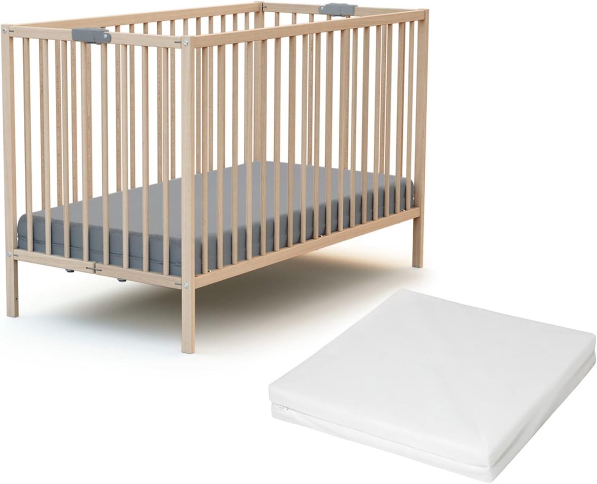 Houten Babybedje - Opklapbaar Ledikant - Compact Slapen - Massief Beukenhout - 60 x 120 cm - Natuurlijk Hout