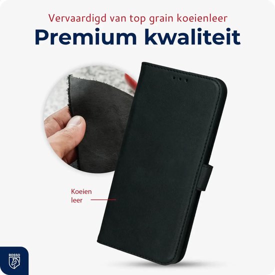 Zwarte telefoonhoes met een close-up van het leer. Tekst: 'Vervaardigd van top grain koeienleer. Premium kwaliteit.' en 'Koeien leer'.