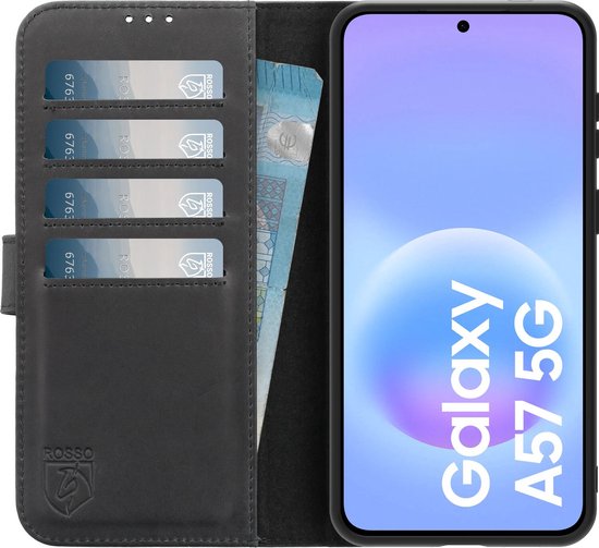 Rosso Deluxe Echt Leer Hoesje Samsung Galaxy A57 | Top Grain Koeienleer | Schokbestendig TPU | Pasjeshouder | Standfunctie | Zwart