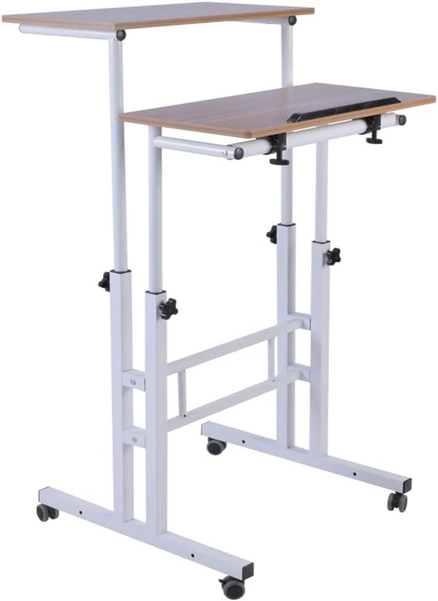 Mobiel Sta-bureau - Laptopkar met wielen - Thuiswerken Zitten Staan - Dubbel Verstelbaar Platform - 27.5 tot 45 inch - Eiken