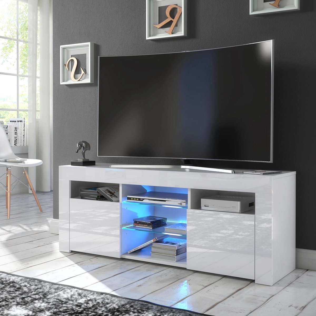 Tv-meubel met LED - Tv-kast - Woonkamer Inrichting - Hoogglans en Mat Wit - 120x50x35cm - Wit