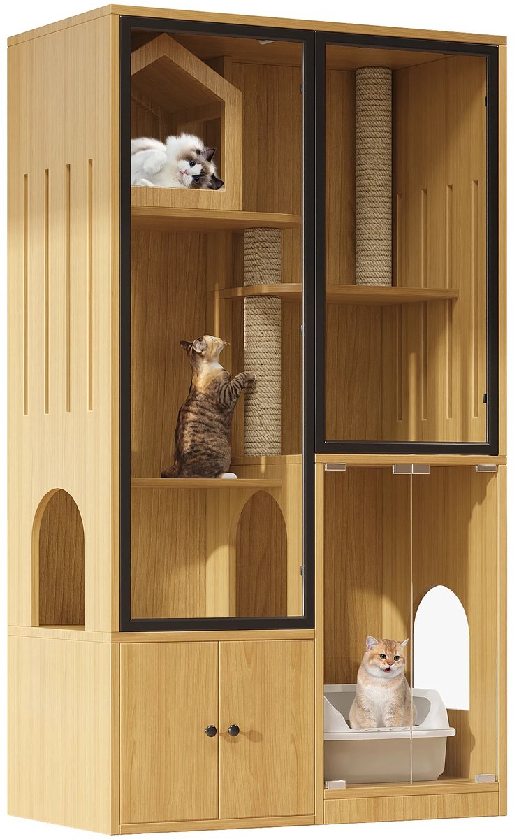 NordHaus Kattenhuis - Kattenren met Glazen Deur - Meerlaags Klimmeubel met Krabpaal en Opbergruimte - 90x50x160 cm