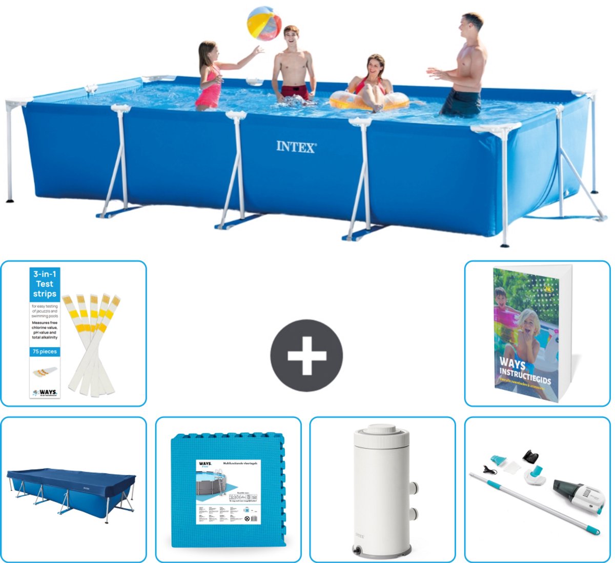 Intex Rechthoekig Frame Zwembad - 450 x 220 x 84 cm - Blauw - Inclusief Afdekzeil - Vloertegels - Zwembadfilterpomp - Stofzuiger - 7-delig