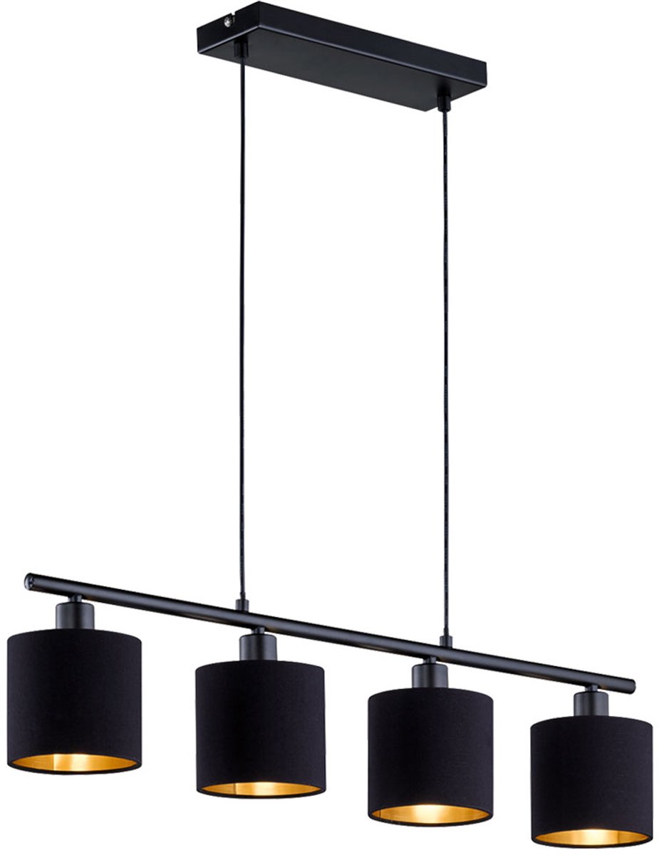 Hanglamp Stoffen kap Hanglamp Woonkamerlamp Eettafellamp 4-bol, zwart-goud textiel, E14, LxBxH 75x12x150 cm