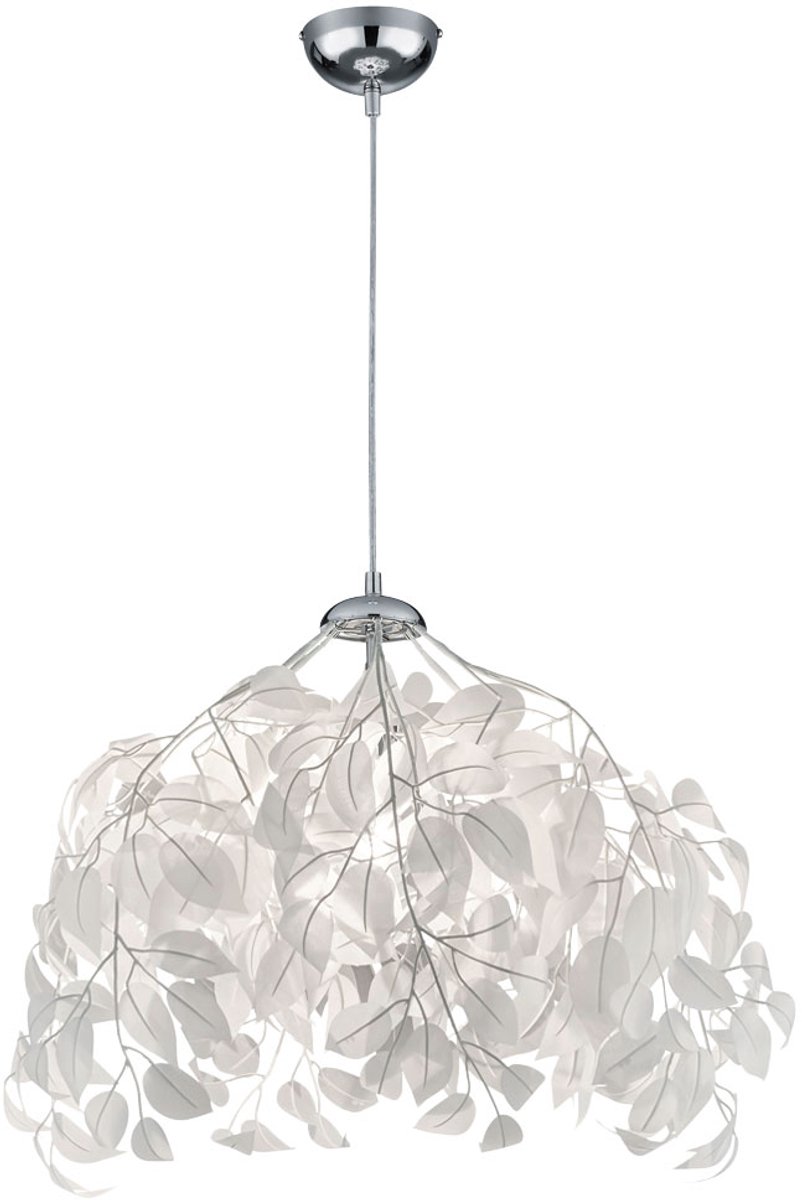 Hanglamp Pendel plafondlamp Woonkamerlamp Eetkamerlamp, metaal chroom wit blad, 1x E27, H 150 cm