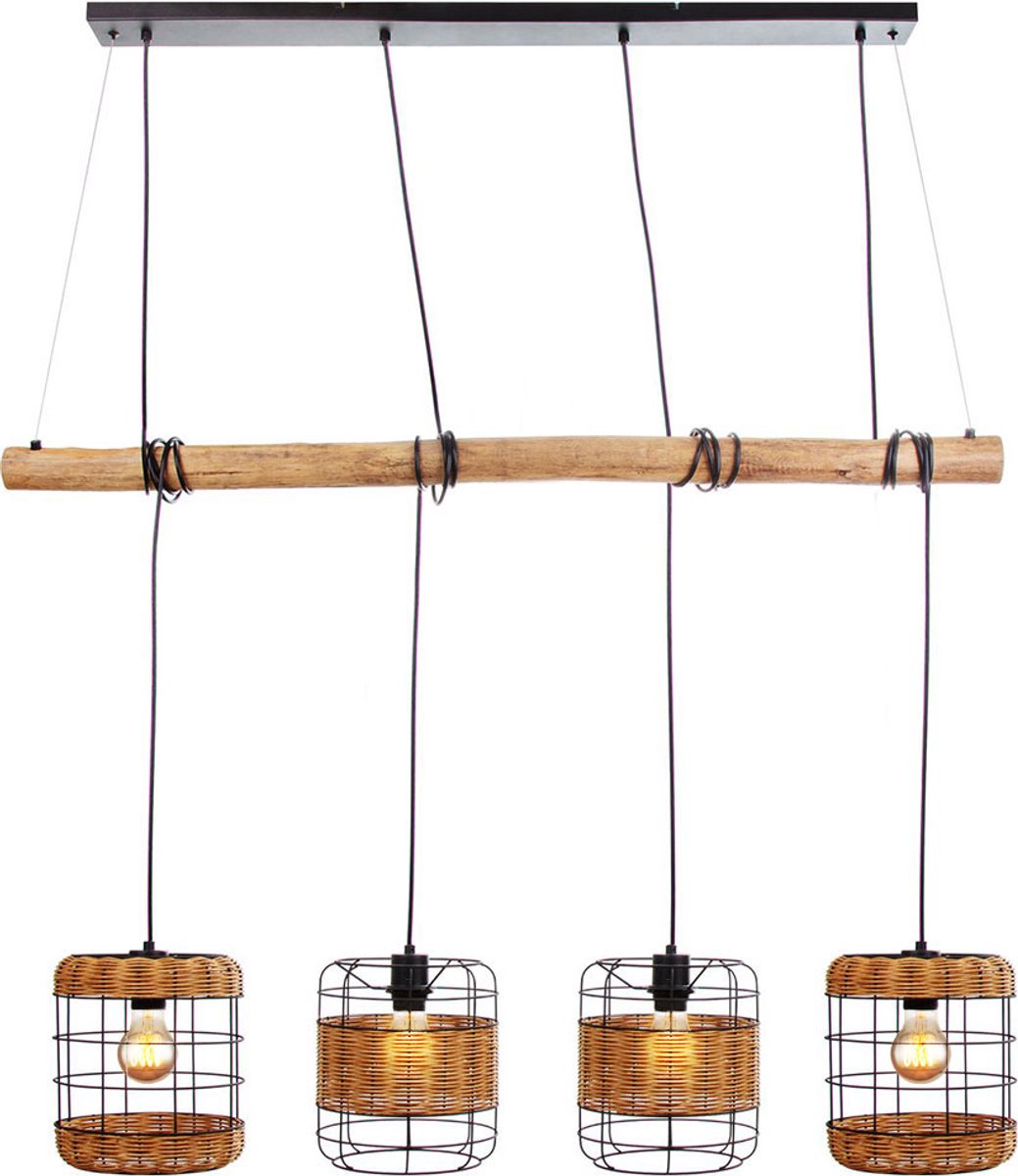Hanglamp Woonkamerlamp Eetkamerlamp Plafondlamp, metaal hout gras weven, raster kappen 4 vlammen E27, LxH 120x150 cm