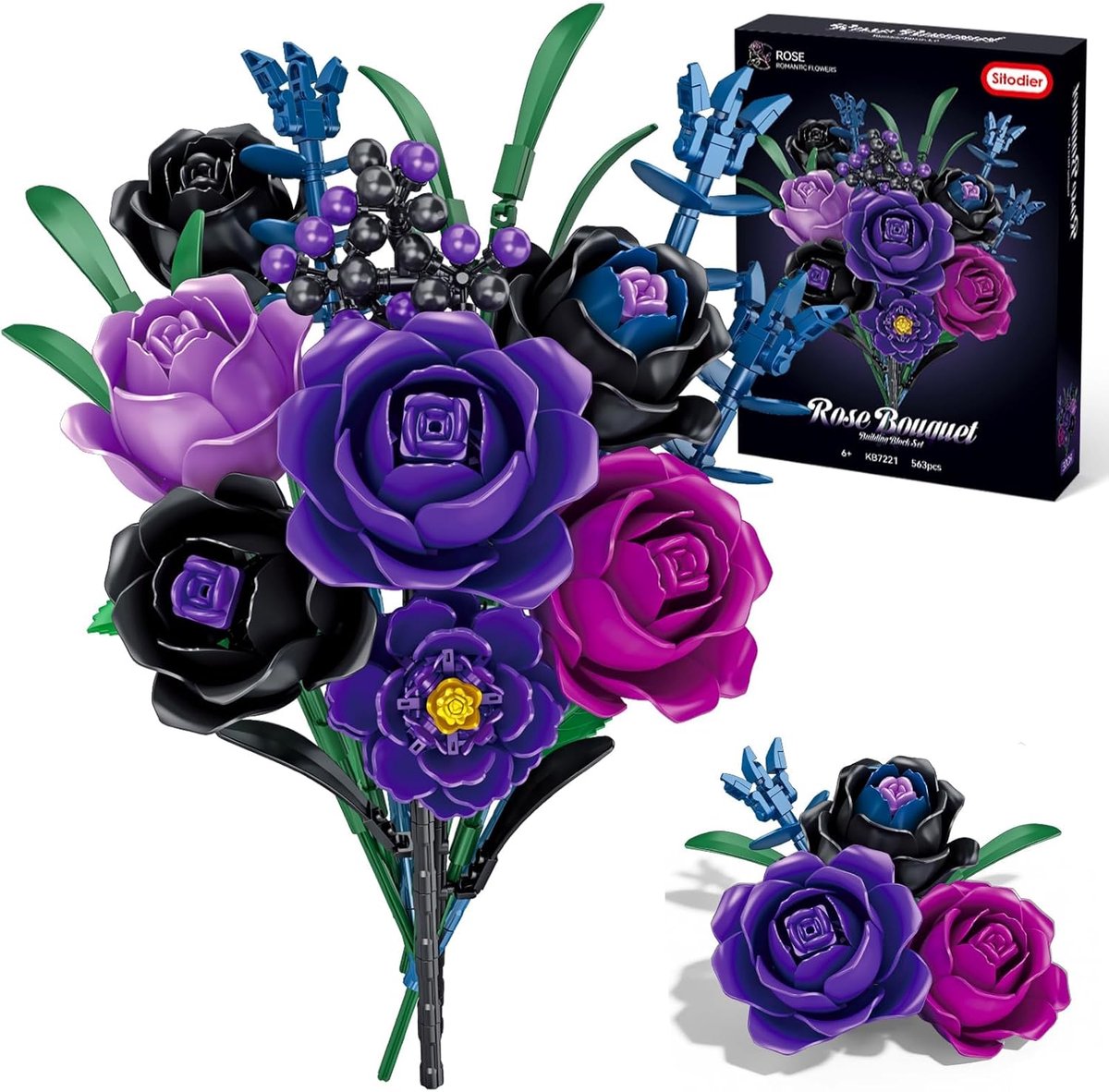 Bloemenboeket Bouwstenen - Botanische Collectie - Decoratie Thuis - Gotische Stijl - 563 Stukjes - Paars Zwart