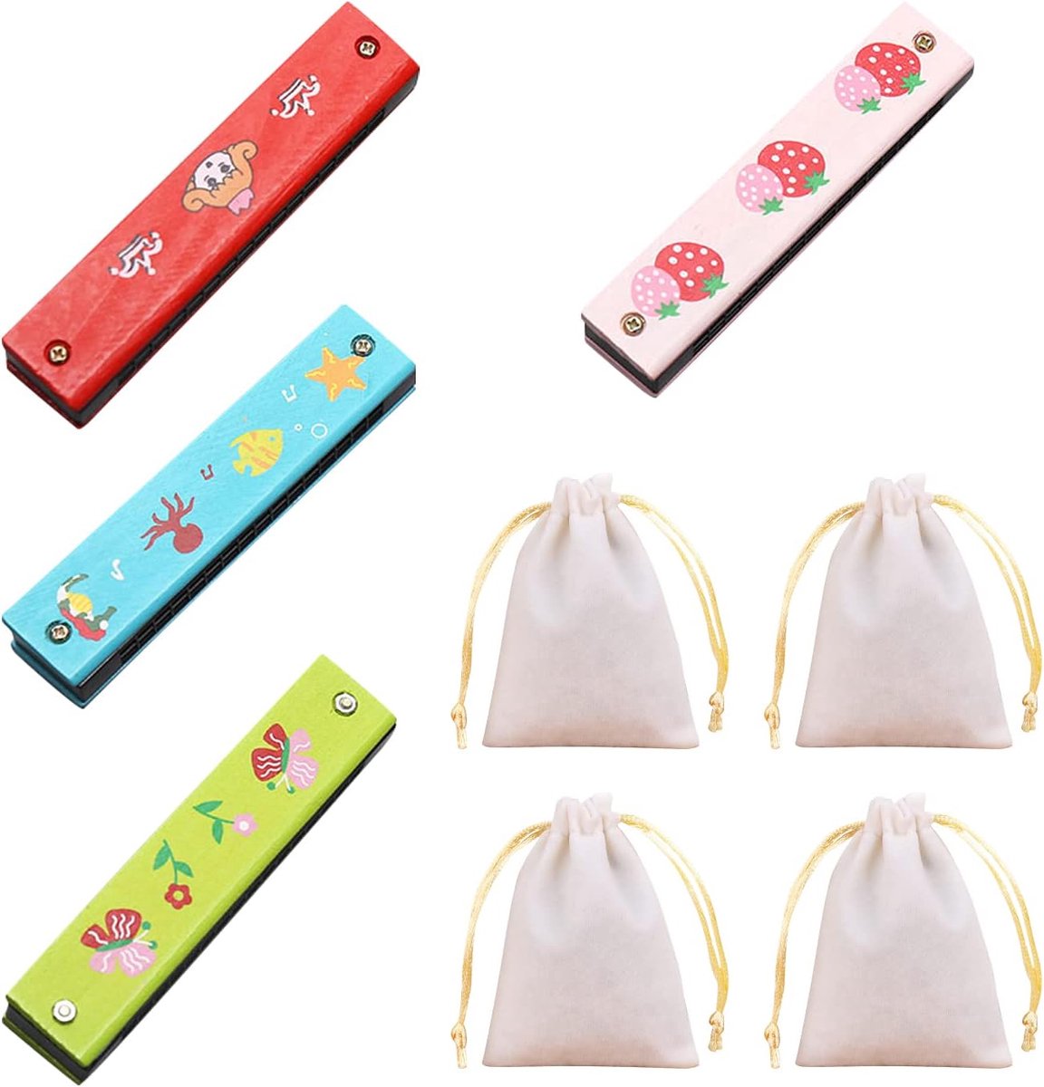 Houten Mondharmonica Set - Muziek Speelgoed - Muzikale Ontwikkeling - Natuurlijk Hout Ontwerp - 16 Gaten Set - Meerdere Kleuren