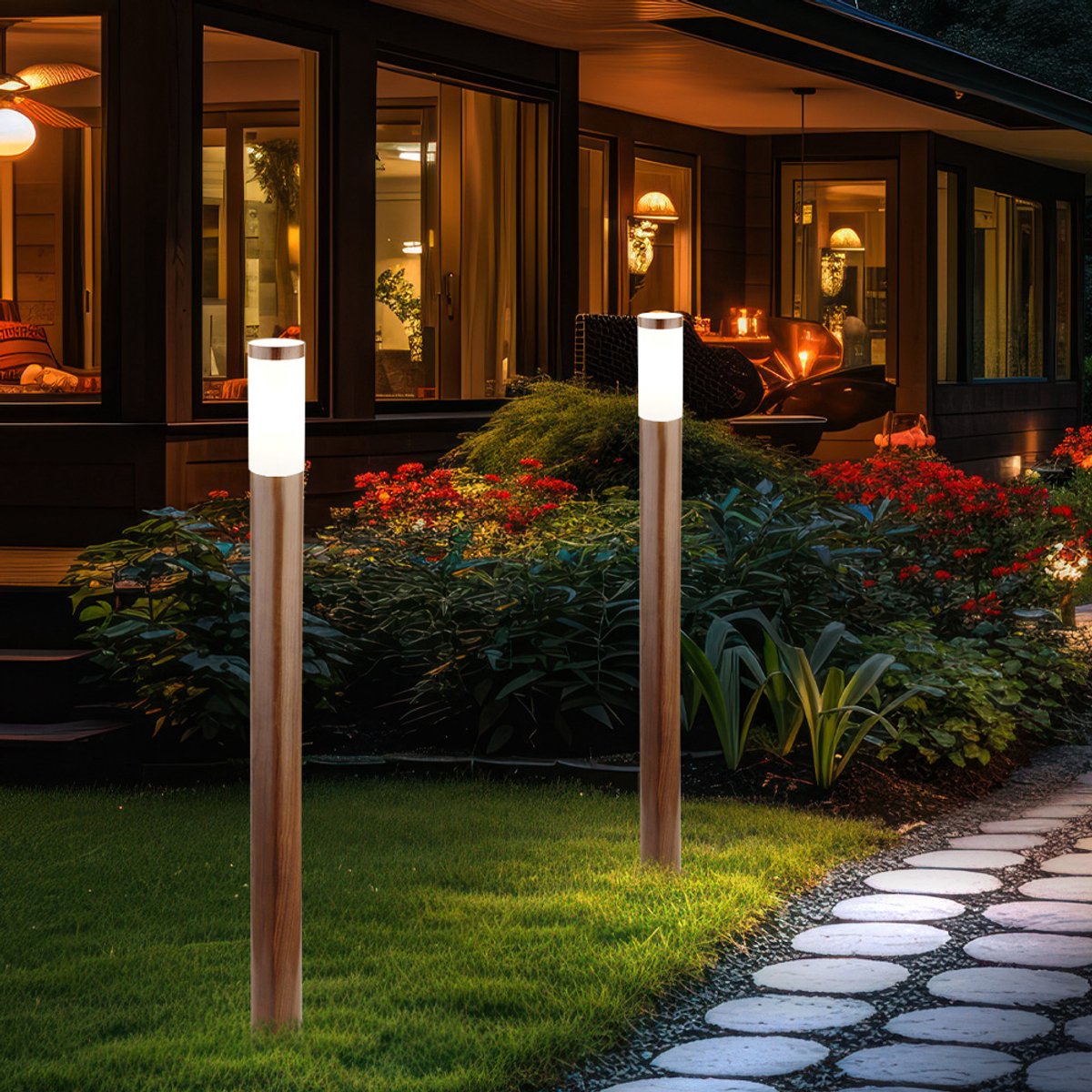 Staande lamp Buitenlamp Tuinlamp Staande lamp Patio IP44, roestvrij staal met houteffect, 1x E27 fitting, DxH 12,7x110 cm