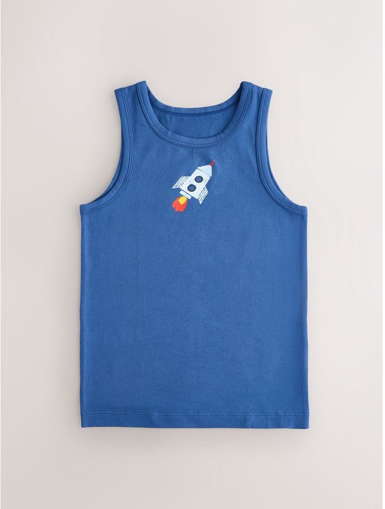 Blauw hemdje met een raketprint op de borst.