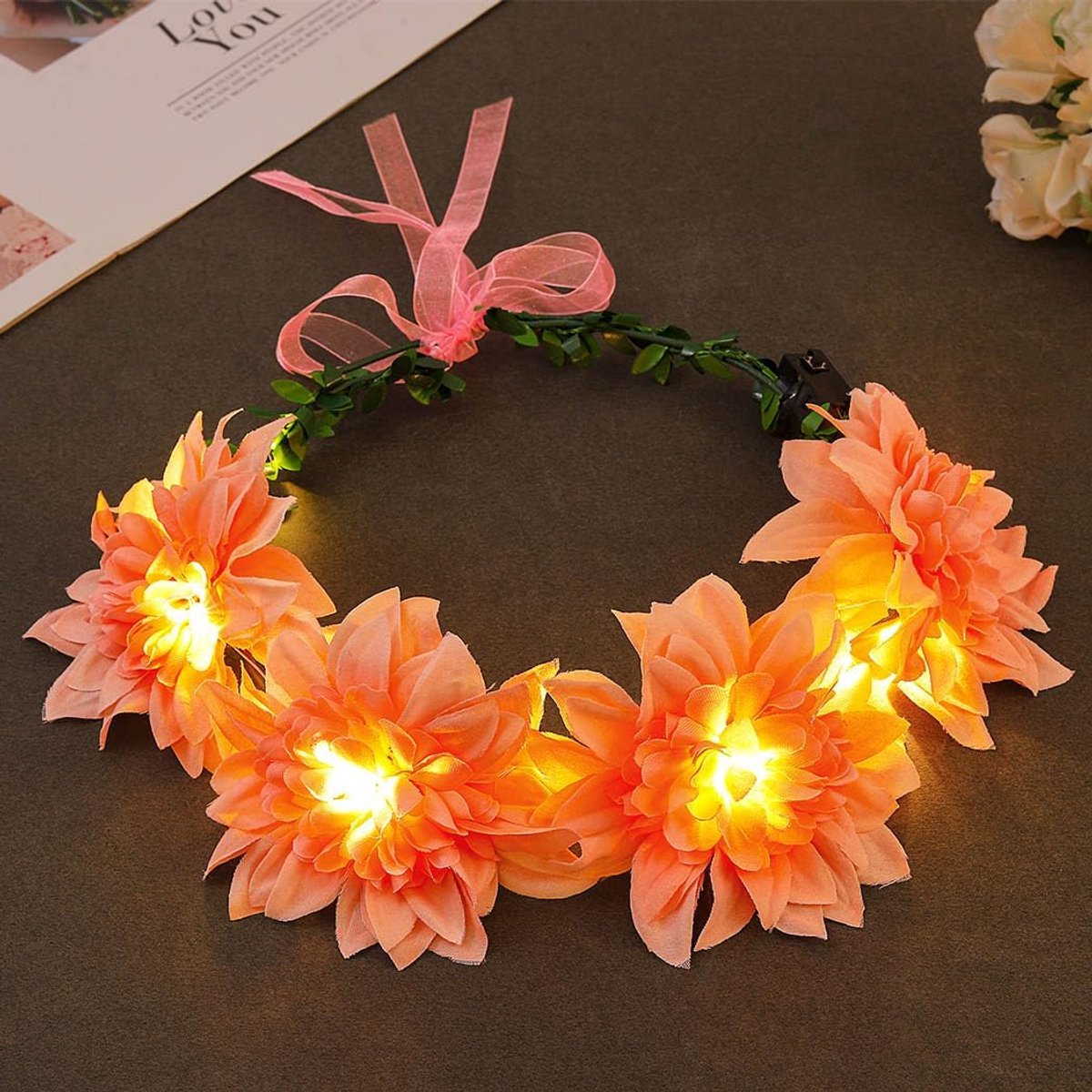 Bloemenkroon Hoofdband - Haarkrans LED - Feest Accessoire - Lichtgevende Bloemen - Standaard Maat - Roze