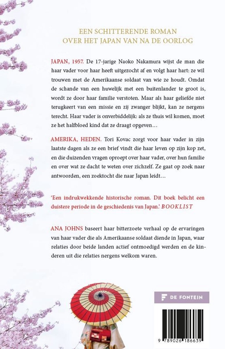 Achterkant van het boek met tekst en een afbeelding van een vrouw in kimono met parasol.