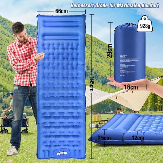 Zelfopblazende Slaapmat - Kampeer Matras - Buiten Slapen - 12cm Dik Ergonomisch - L195 x B66cm - Blauw — afbeelding 4