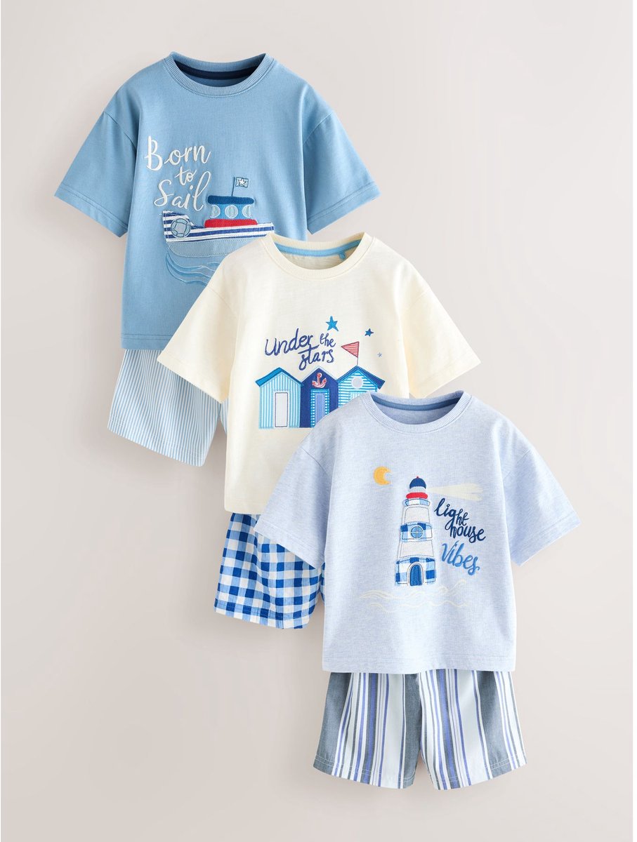 Next - Jongens - Set van 3 korte geweven pyjama's - Blauw