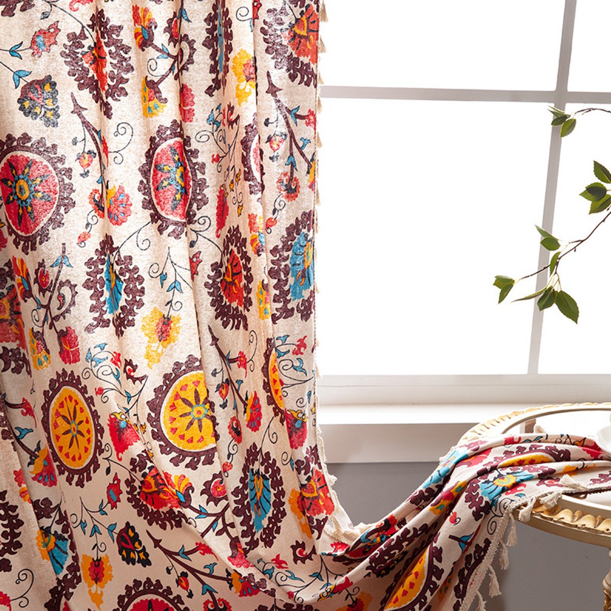 Boho-Gordijn met Kwastjes 1 Paneel 145×220cm – Boheemse Bloemenprint – Semi-Verduisterend Katoenen Linnen – Roedezakken – Woonkamer Slaapkamer Keuken-Belle's product