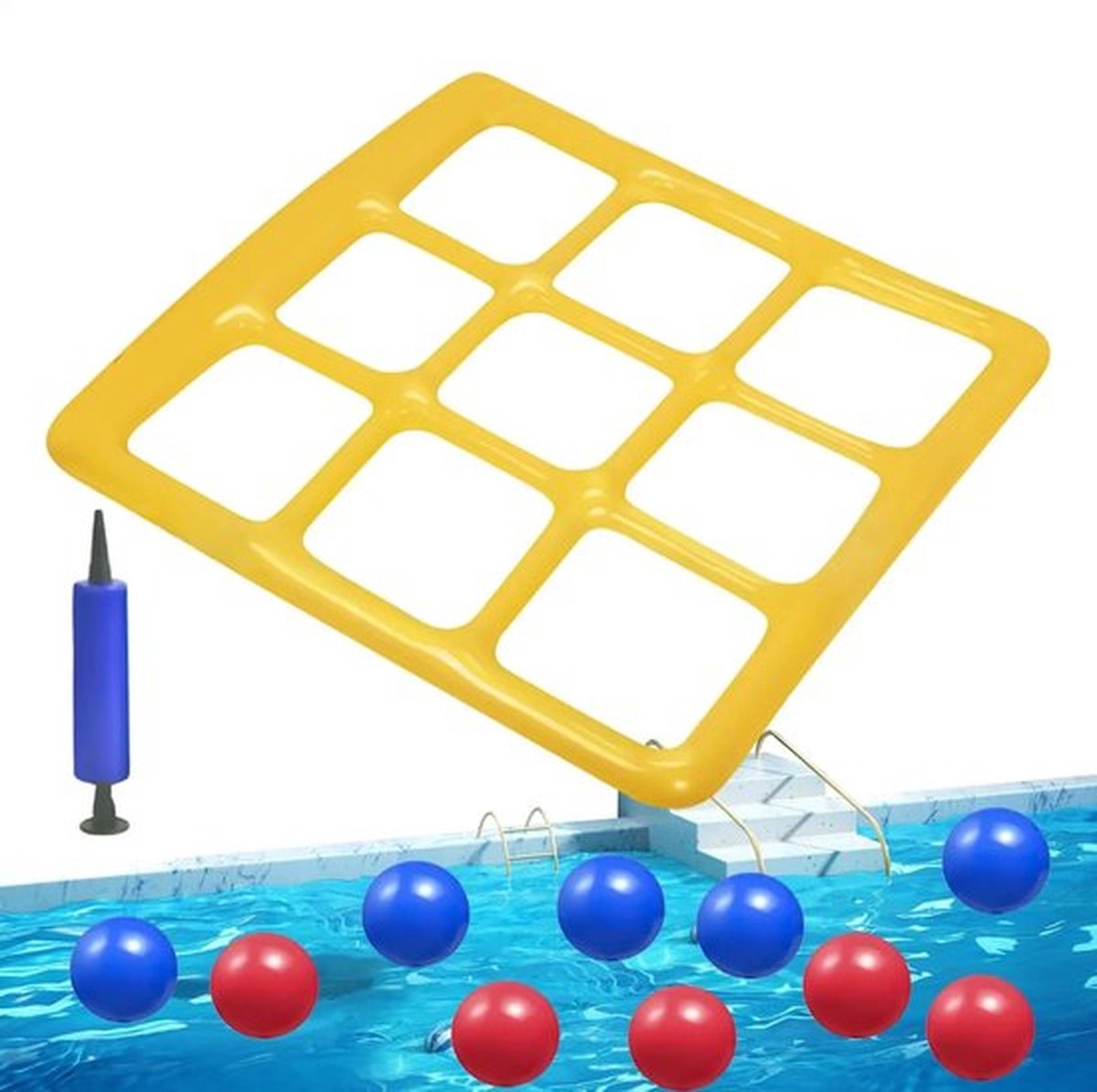 Boter-kaas-en-eieren-spel voor in het zwembad met handpomp en 10 ballen. Leuke zwembadspelset voor tieners, perfect voor zwemmen en waterspelletjes. Bordspelletjes, drijvend speelgoed voor in het zwembad, ideaal voor een feestje of buiten.