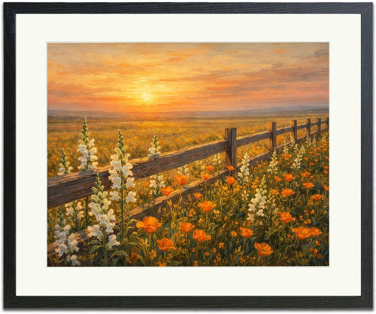 Bloemenomheining - Ingelijste Muurkunst - 63x53cm zwart frame - Glasplaat en Passe-partout - Museum kwaliteit print