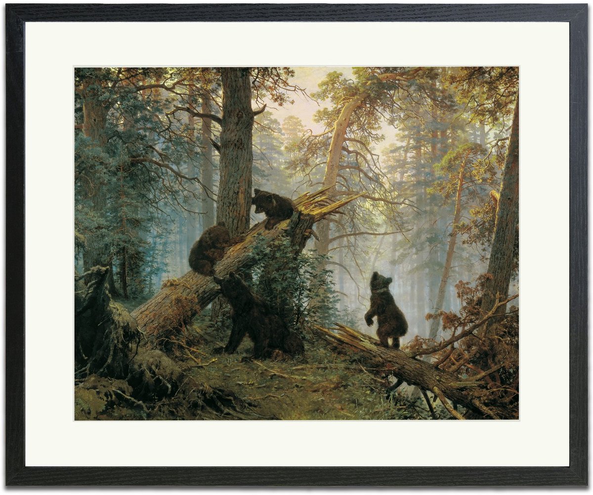 Ochtend in het dennenbos (Savitsky) - Ingelijste Muurkunst - 63x53cm zwart frame - Glasplaat en Passe-partout - Museum kwaliteit print