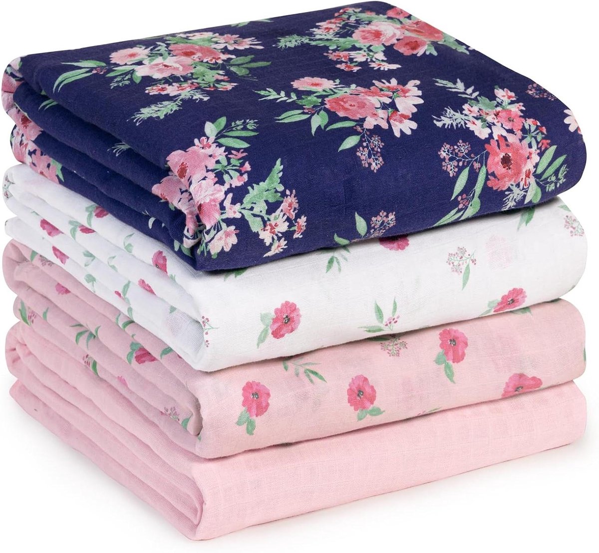 Baby Inbakerdoeken - Wikkeldoeken Muslin - Pasgeboren Slapen - 100% Katoen Ademend - 47x47 Inch - Bloemen Roze