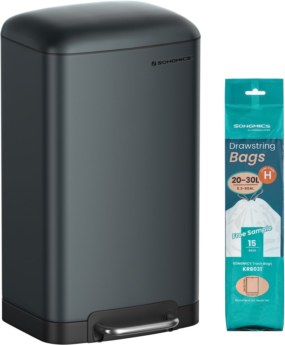 SONGMICS LTB01GS - Prullenbak voor Keuken - 30 Liter Tretprullenbak van Staal - Met Deksel en Binnenemmer