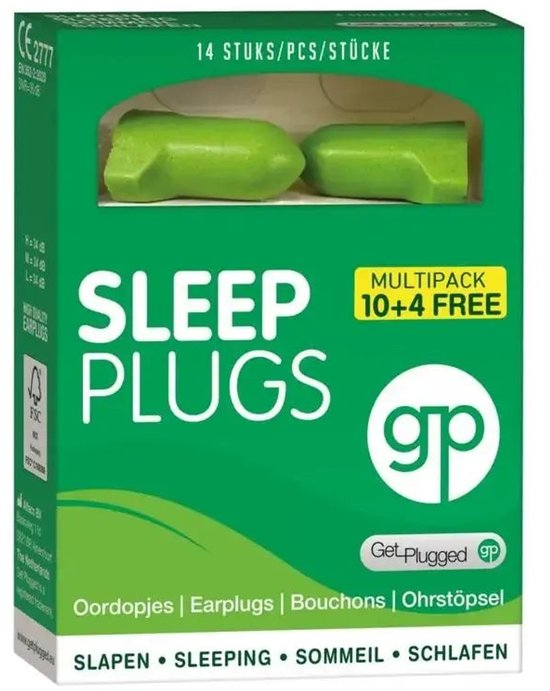 Groene verpakking Sleep Plugs met 14 oordopjes. 10+4 gratis multipack.
