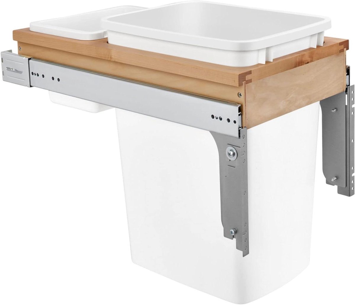Afvalcontainer - Prullenbak - Keukenopslag - Uittrekbaar Houten Frame - 35 Kwarts - Wit