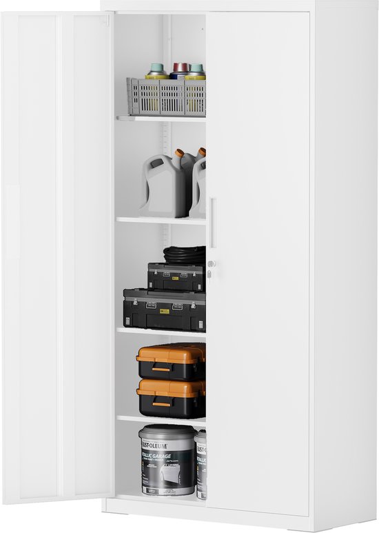 Witte metalen archiefkast met deuren open, gevuld met flessen, dozen en potten verf.