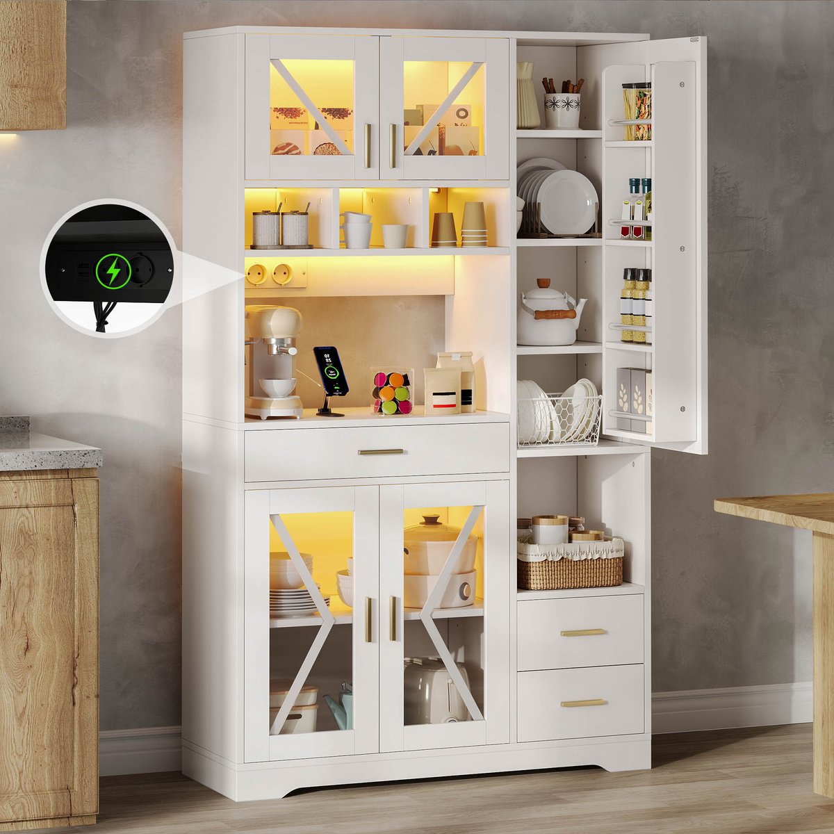 HAUSS SPOLE Buffetkast - Met Led, Stopcontacten En Lade - Voor Keuken En Woonkamer - MDF - 105x40x185 Cm - Wit