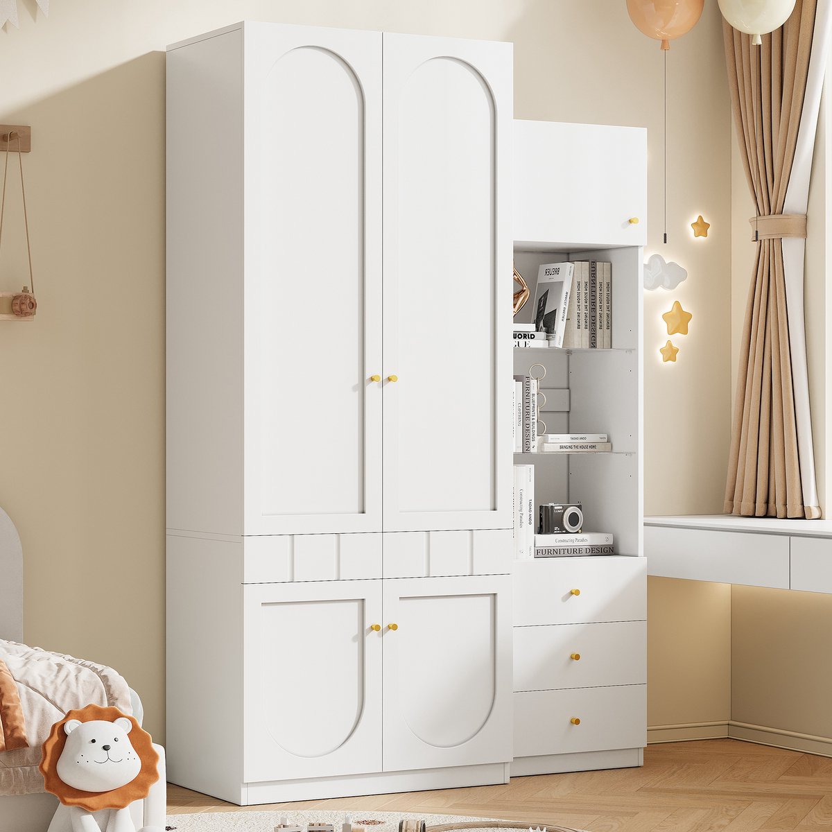 HAUSS SPOLE Kledingkast Set - 2 Deuren Met Opbergkast En Laden - Voor Slaapkamer En Kleine Ruimtes - MDF - 80x50x200 Cm Wit