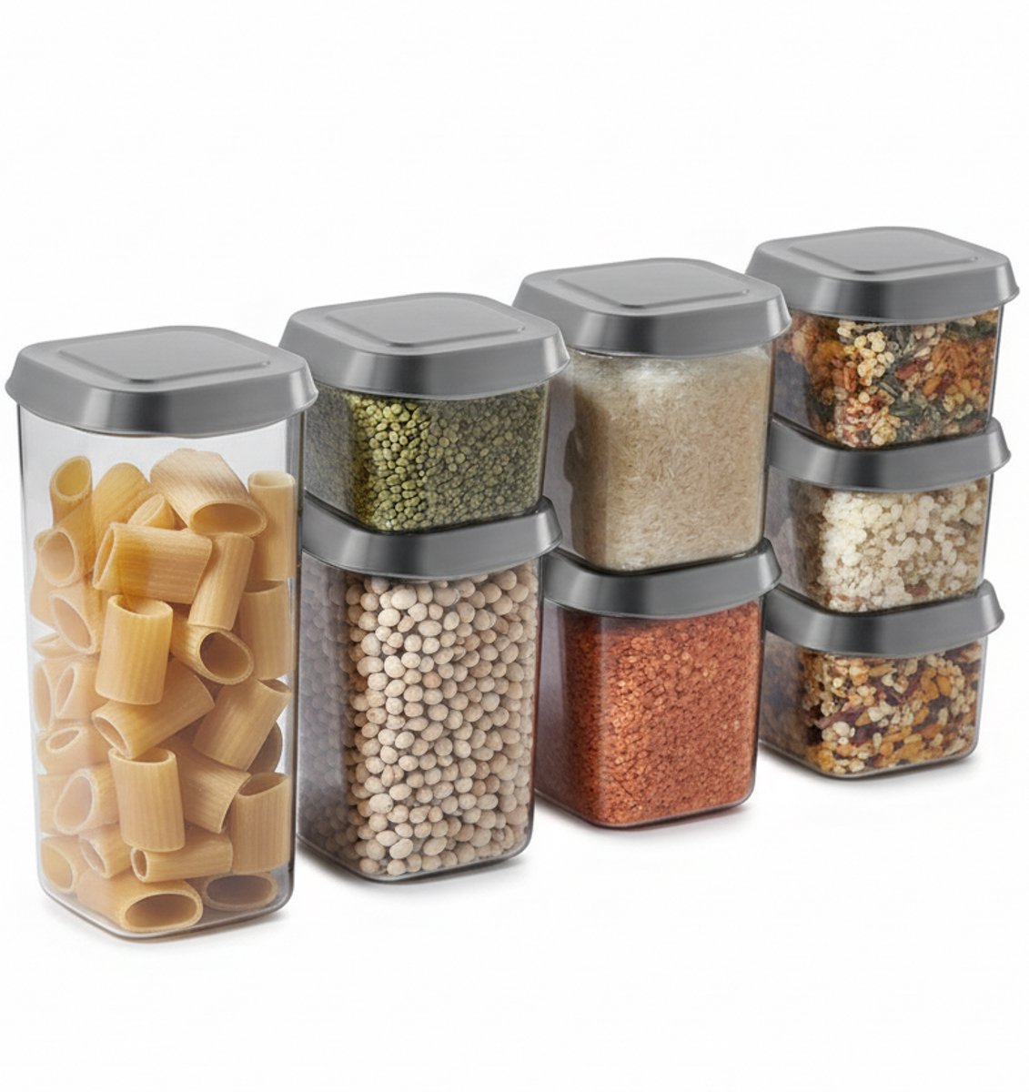 Cookinglife Voorraadpotten Set 8-delig - Bewaarpotten - Storage Jars - Kunststof Transparant - Grijze Deksels - Afsluitbaar Stapelbaar 470-1770 ml