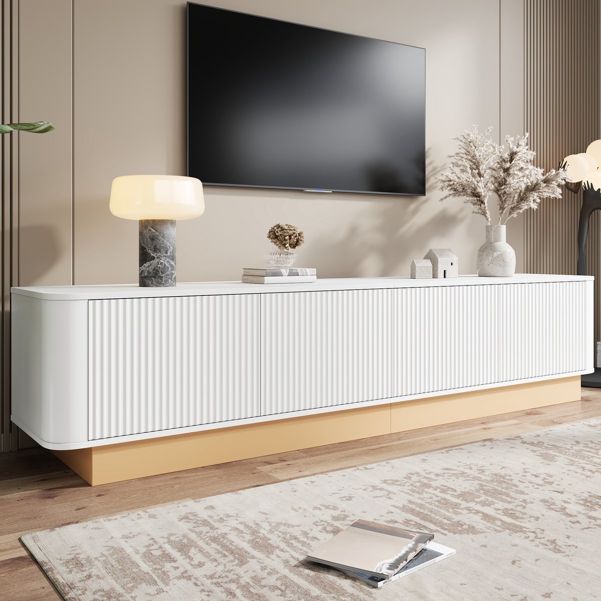 OKWISH Tv-Meubel – 4 Deuren Met Verstelbare Vakken – Kabeldoorvoer Voor Woonkamer – MDF Wit – 200 x 40 x 47,5 cm