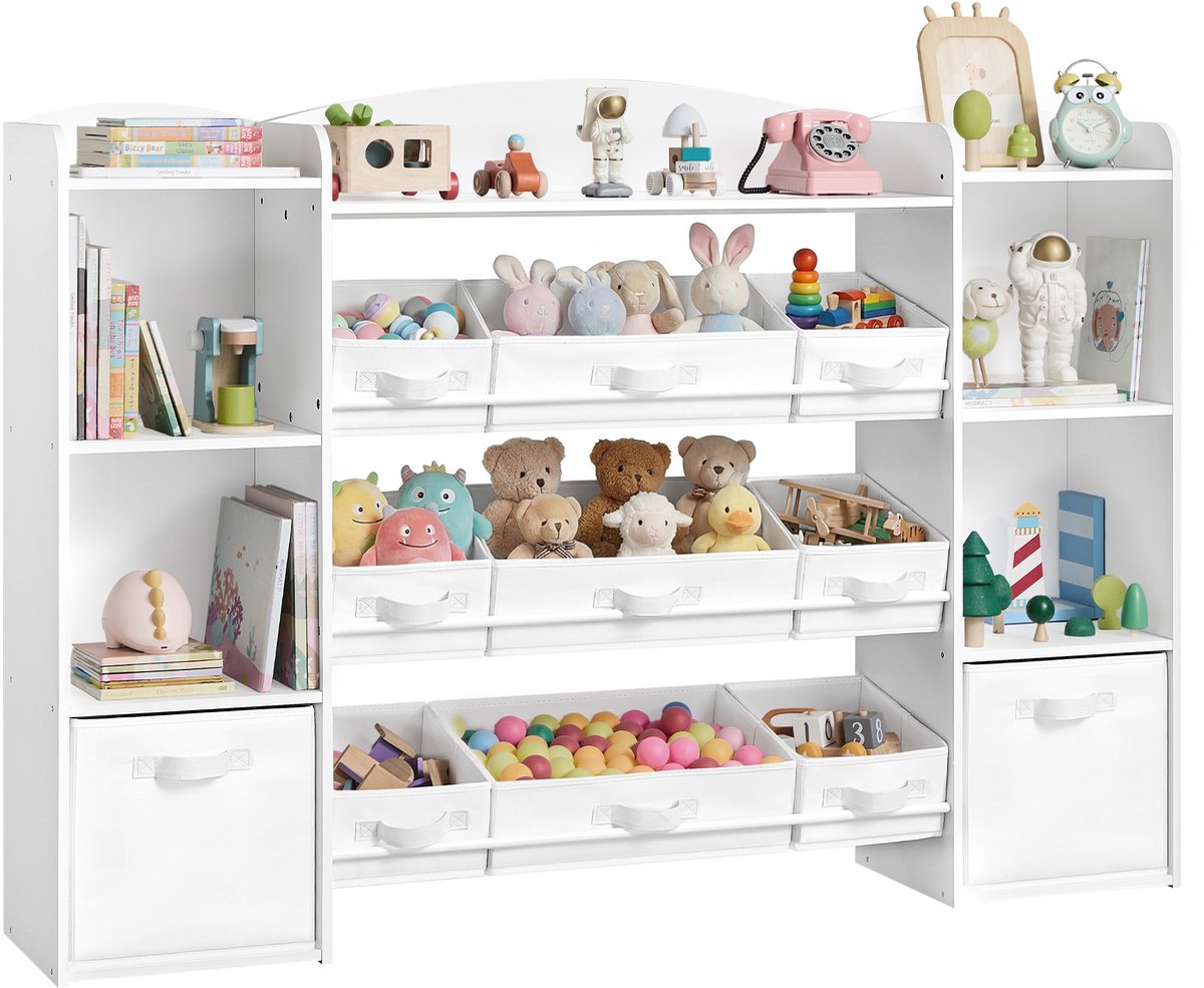 Songmics Kinderboekenkast - Met 4 Open Vakken - 9 Middelgrote en 2 Zijvakken - Voor Speelkamer of Slaapkamer Wit